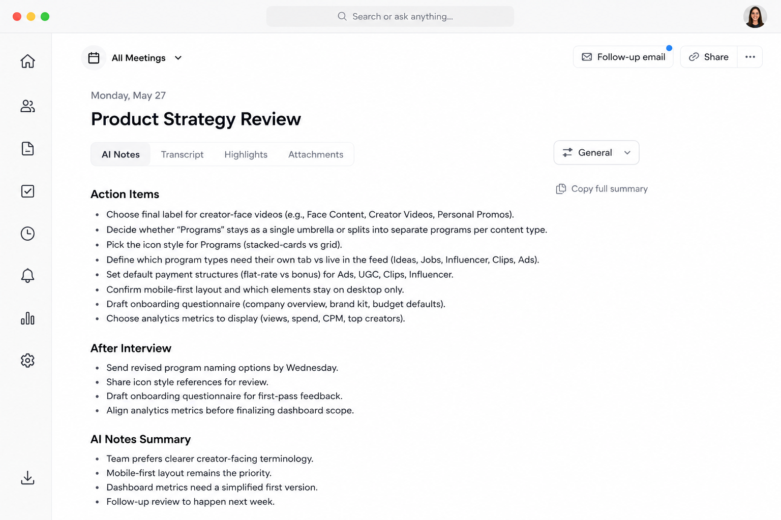 AI Notes interface preview